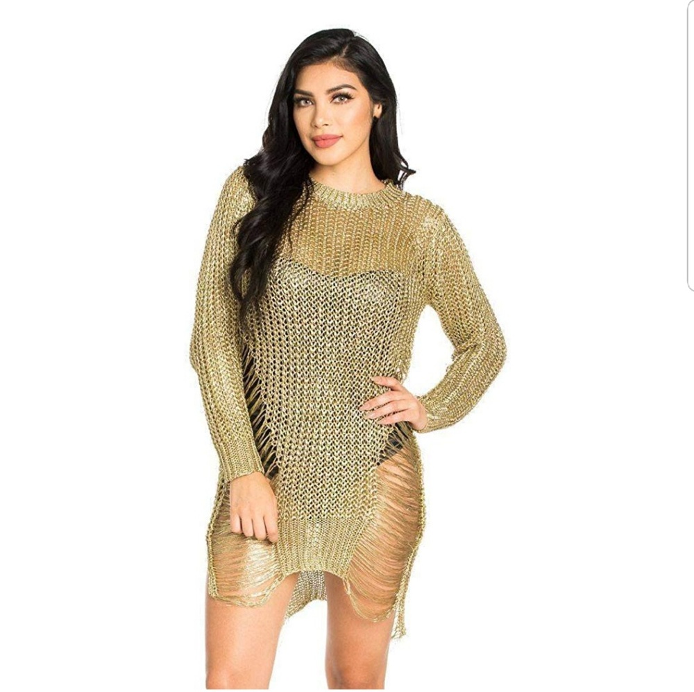 Gold High Low Distressed Sweater